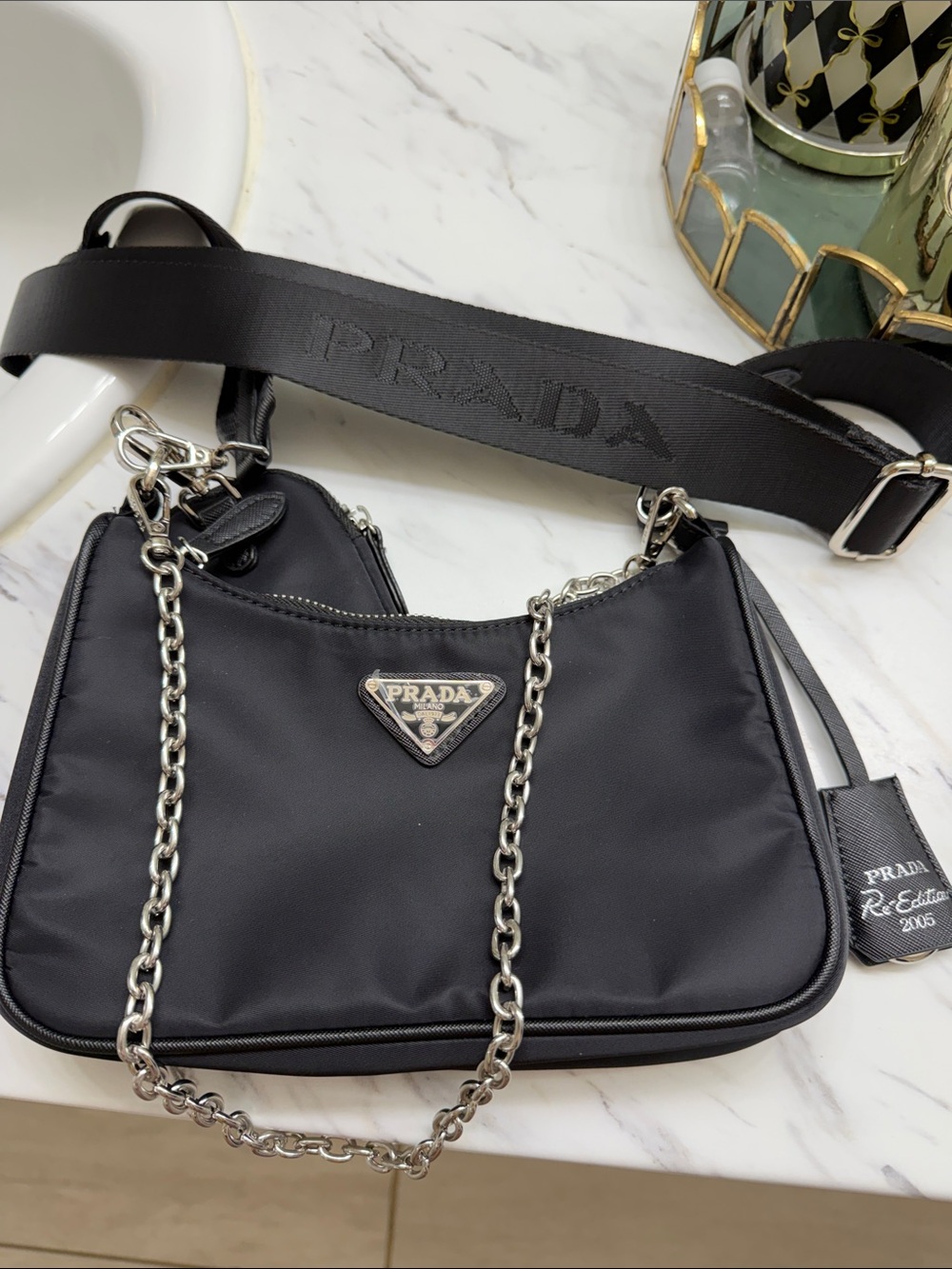 Prada Black Shoulder Bag with Silver Chain